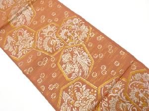 アンティーク　亀甲に草花模様織り出し全通袋帯（着用可）